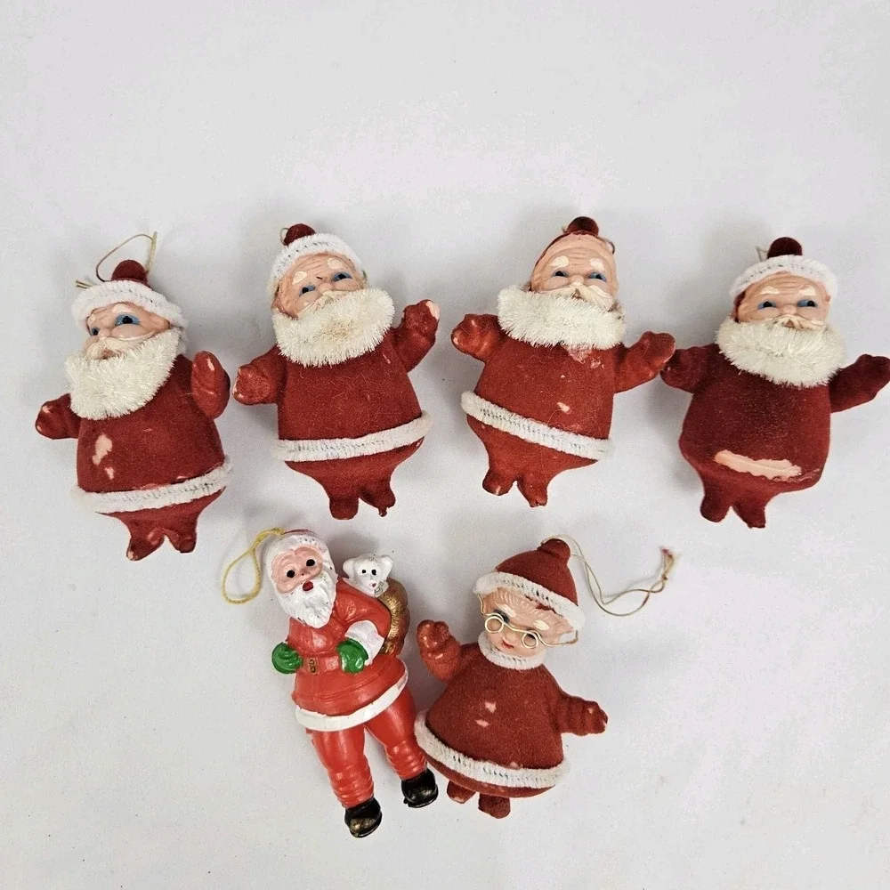 Vintage 6 Blow Mold Santa Mrs Clause Christmas Tree Light Covers MCM Flocked